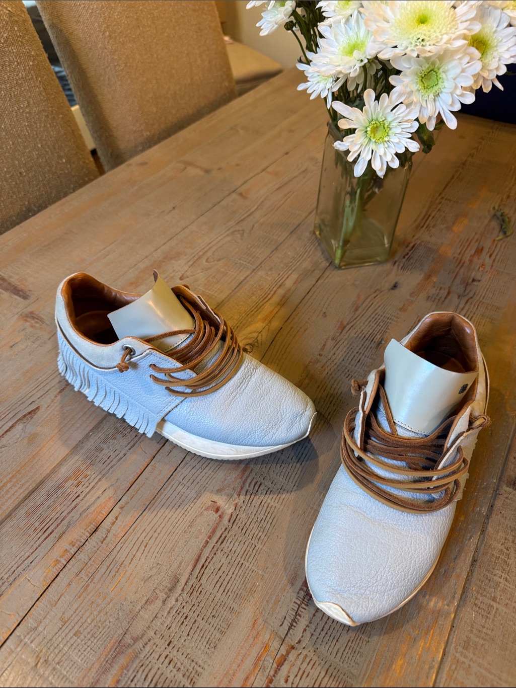 Women’s White Leather Sneakers With Tan Laces And Trim
